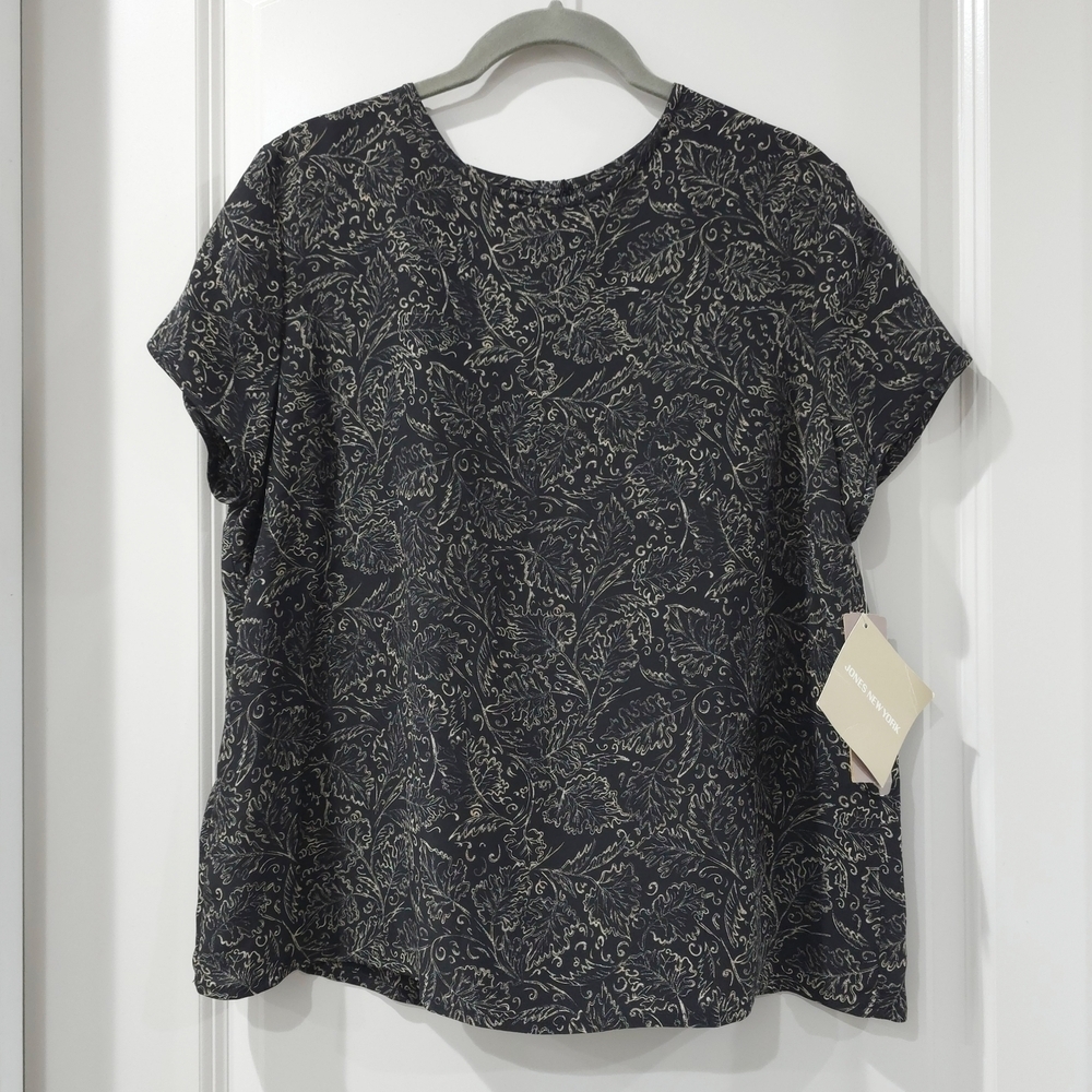 Jones New York Vintage Deadstock Black Tan Patterned Short Sleeve 100% Silk Top - Picture 2 of 14
